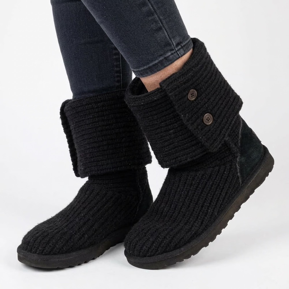 UGG Cardy Black Knit Button Slouch Sweater Boots Womens Size 9